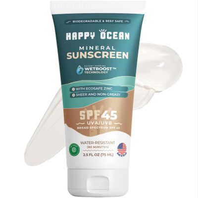 Happy Ocean SPF 45 Biodegradable Reef Safe Sunscreen for Face & Body, Non-Nano Zinc Oxide, Natural Fragrance Free Non Toxic Organic Mineral Sunscreen, Travel Size Reef Friendly Mineral Based 2.5 Fl Oz