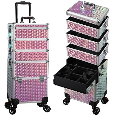 Yueieoun 5 in 1 Rolling Makeup Case, Cosmetology Case on Wheels Travel Make up Train Case Nail Cart Makeup Organizer Cosmetic Storage Box Cases Extra Large Trolley Truck with 360 Swivel Wheels, Pink