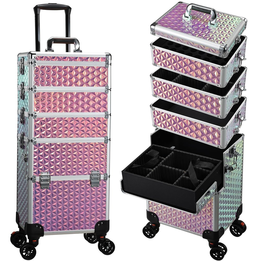 Yueieoun 5 in 1 Rolling Makeup Case, Cosmetology Case on Wheels Travel Make up Train Case Nail Cart Makeup Organizer Cosmetic Storage Box Cases Extra Large Trolley Truck with 360 Swivel Wheels, Pink