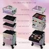 Yueieoun 5 in 1 Rolling Makeup Case, Cosmetology Case on Wheels Travel Make up Train Case Nail Cart Makeup Organizer Cosmetic Storage Box Cases Extra Large Trolley Truck with 360 Swivel Wheels, Pink view 2