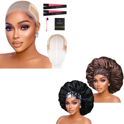 2pcs Extra Large Black & Coffee Satin Bonnet with Light Brwon Wig Grip Cap