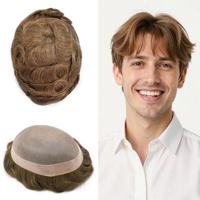 Healthlif Toupee For Men Hair Replacement System Human Hair Piece For Mens Toupee Fine Mono Hair Systems For Men Durable PU Natural Hairline 6x8 Medium light density 17R#