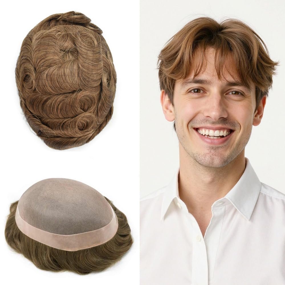Healthlif Toupee For Men Hair Replacement System Human Hair Piece For Mens Toupee Fine Mono Hair Systems For Men Durable PU Natural Hairline 6x8 Medium light density 17R#