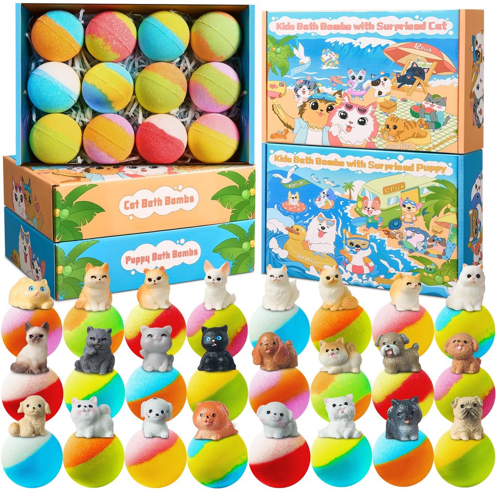 JuraFizz Bath Bombs for Kids with Surprise Inside, 24 Pack Kids BathBombs with Puppy & Cat Toys, Child-Safe Natural Bath Bombs with Toys Inside for Girls and Boys, Birthday Party Favors