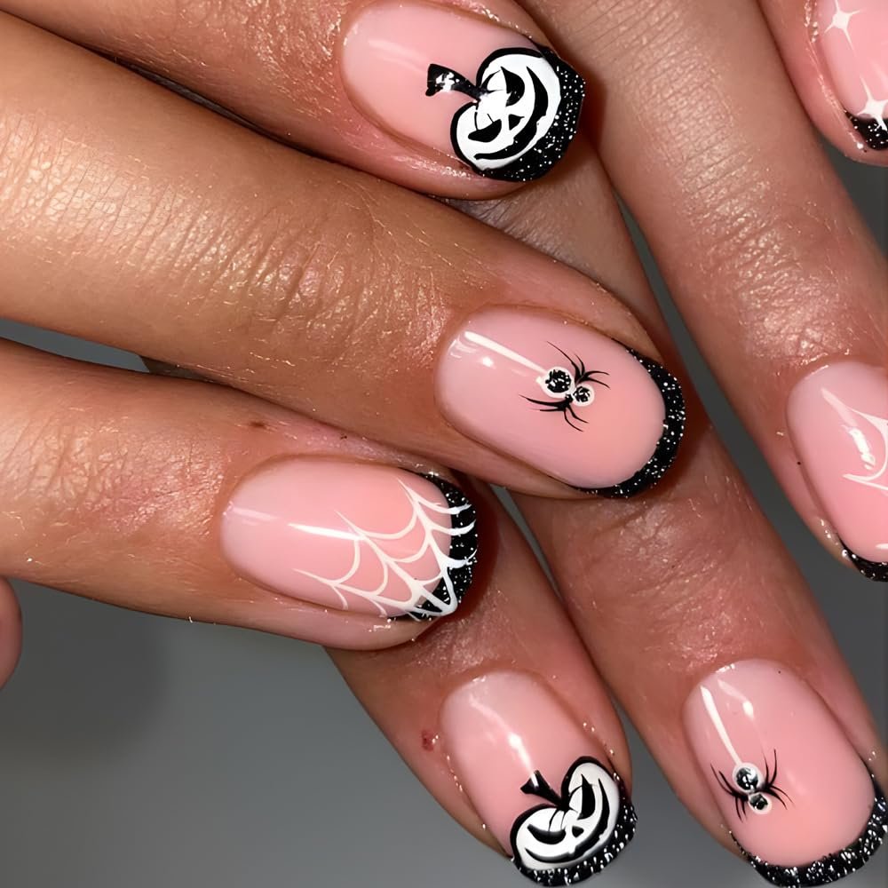Halloween Black Glitter French Tip Press on Nails Short Square Fake Nails with Black White Pumpkin Spider Web Design Stick on Nails Spider Artificial Nails Acrylic Nails for Women Girls Manicure 24Pcs