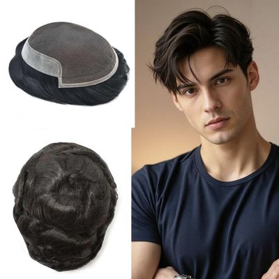 Lace Front Mens Toupee Hairpieces European Human Hair Replacement System French Lace with PU Toupee for Man Black Brown Blonde White Hair Units5"X7" #1B Off Black-120% Med-Light to Medium Density