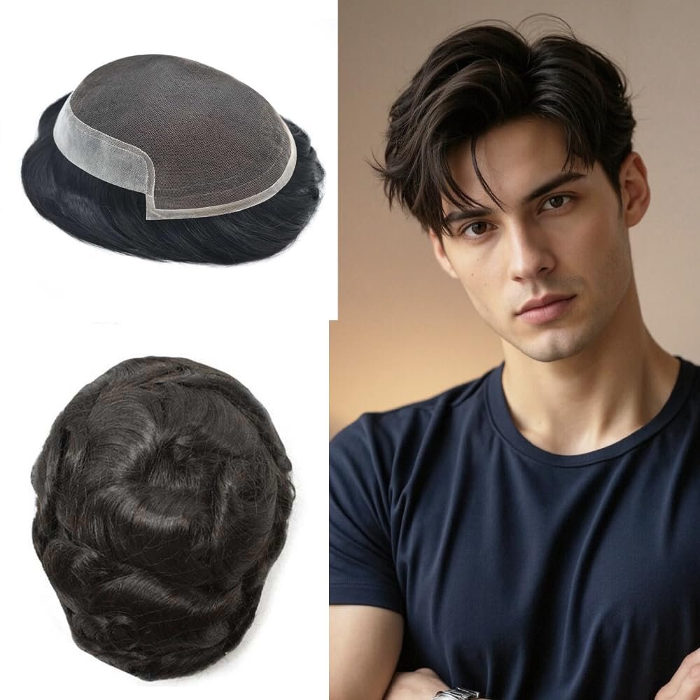 Lace Front Mens Toupee Hairpieces European Human Hair Replacement System French Lace with PU Toupee for Man Black Brown Blonde White Hair Units5"X7" #1B Off Black-120% Med-Light to Medium Density