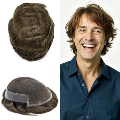 Mens Toupee Human Hair Piece French Lace Front Toupee for Men Hair Replacement Systems Bleached Knots Mens Hairpieces 7X9" #410 Medium Brown with 10% Gray