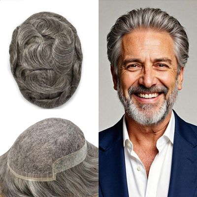 French Lace Toupee for Men Hair Piece Human Hair System Replacement Skin Poly Side Mens Toupee Hair Units for Man Breathable Lace Men Hair Wigs7X9" #365 Dark Brown with 65% Gray