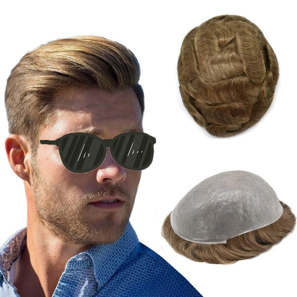 Healthlif Toupee For Men Men's Toupee 100% Virgin Human Hair Piece Ultra Thin Skin Men Hair Replacement System 0.06MM Hair System For Men 8x10 120% Medium light density 12R#