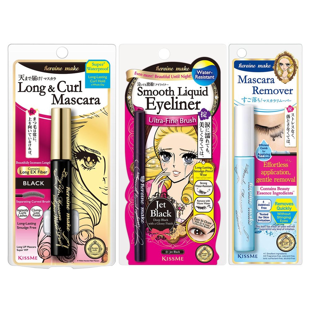 HEROINE MAKE by KISSME Waterproof Mascara Black by Defining Fiber for Long and Curl Eye Makeup for Women + Smooth Liquid Black Eyeliner, Smudge-free + Gentle Mascara Remover Oil Free, 3 Set