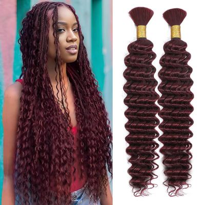 100g 16 Inch Human Braiding Hair Deep Wave Bulk Human Hair for Braiding 2 Bundles/Pack No Weft Human Braiding Hair for Boho Braids Brazilian Virgin Human Hair Extensions 99J Burgundy