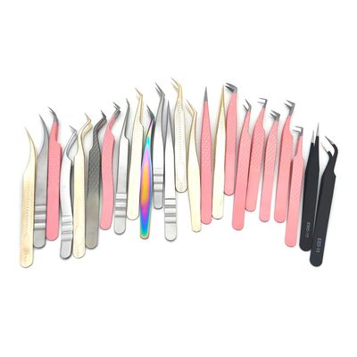 Eyelash Tweezers Volume False Lash Application Tool Pink Fiber Tips Tweezers| Gold Silver Non-Slip Grip Professional Lash Extension Tweezers (1, G-Peacock clip)