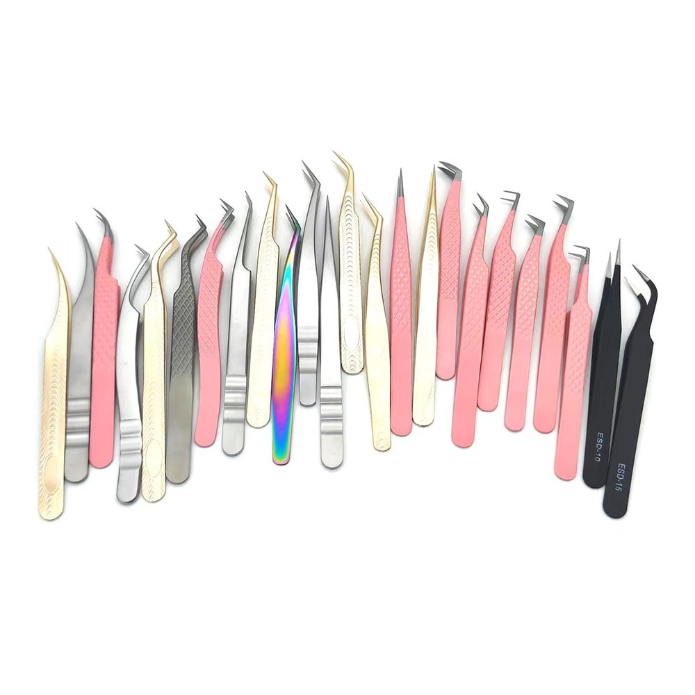 Eyelash Tweezers Volume False Lash Application Tool Pink Fiber Tips Tweezers| Gold Silver Non-Slip Grip Professional Lash Extension Tweezers (1, G-Peacock clip)