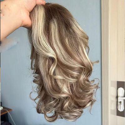 Ombre With Highlight 13x6 Transparent Short Bob Lace Front Wig Wavy Pre Plucked with Baby Hair Glueless Natural Hairline Wig 150% Density Body Wave Wig Bleached Knots 16Inch