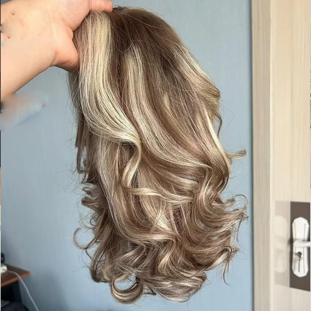 Ombre With Highlight 13x6 Transparent Short Bob Lace Front Wig Wavy Pre Plucked with Baby Hair Glueless Natural Hairline Wig 150% Density Body Wave Wig Bleached Knots 16Inch