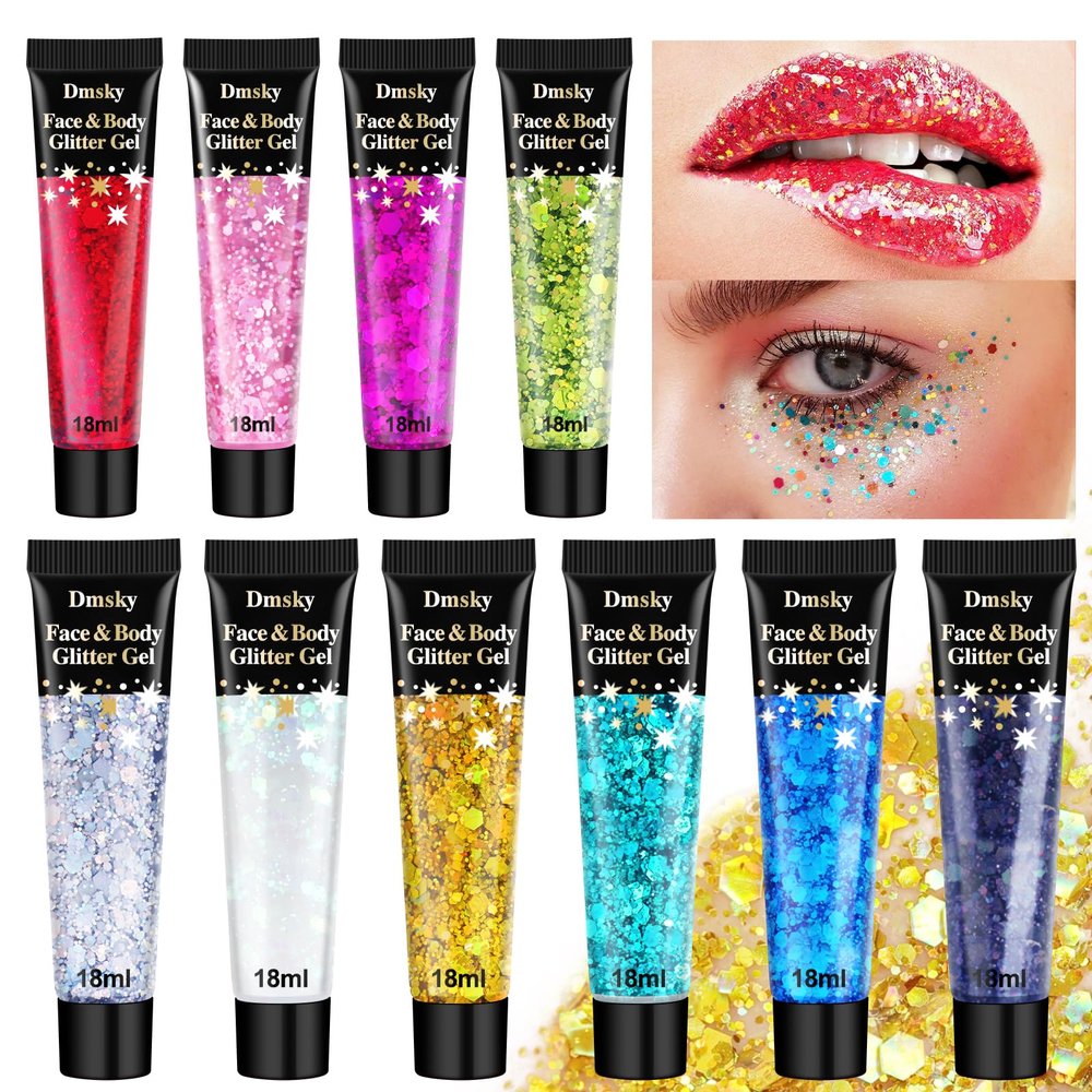 10 Colors Body Glitter,Face Glitter Makeup for Kids Women,Sparkly Chunky Hair Glitter for Eye Lip Hair Nails,Mardi Gras Glitter Makeup Face Paint,Singer Concerts Disco Rave Festival Accessories