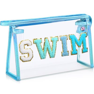 Hillban Sunscreen Bag, Clear Sun Makeup Bag with Zipper, Preppy Cosmetic Travel Toiletry Pouch Organizer with Patch for Women, Gifts for Summer Pool Beach Spf Party Vacation Essentials(Blue,Swim)