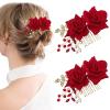 2 Pcs Rose Flower Wedding Hair Comb Crystal Pearl Bridal Headpiece Gold Leaf Red Flower Side Comb Hair Accessories for Women view 1