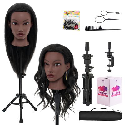 20 Inch Mannequin Head Human Hair with Stand,100% Real Hair Mannequin Head for Braiding,Cosmetology Manikin Doll Head for Styling with Mannequin Head Stand Table Clamp Hair Braiding Set