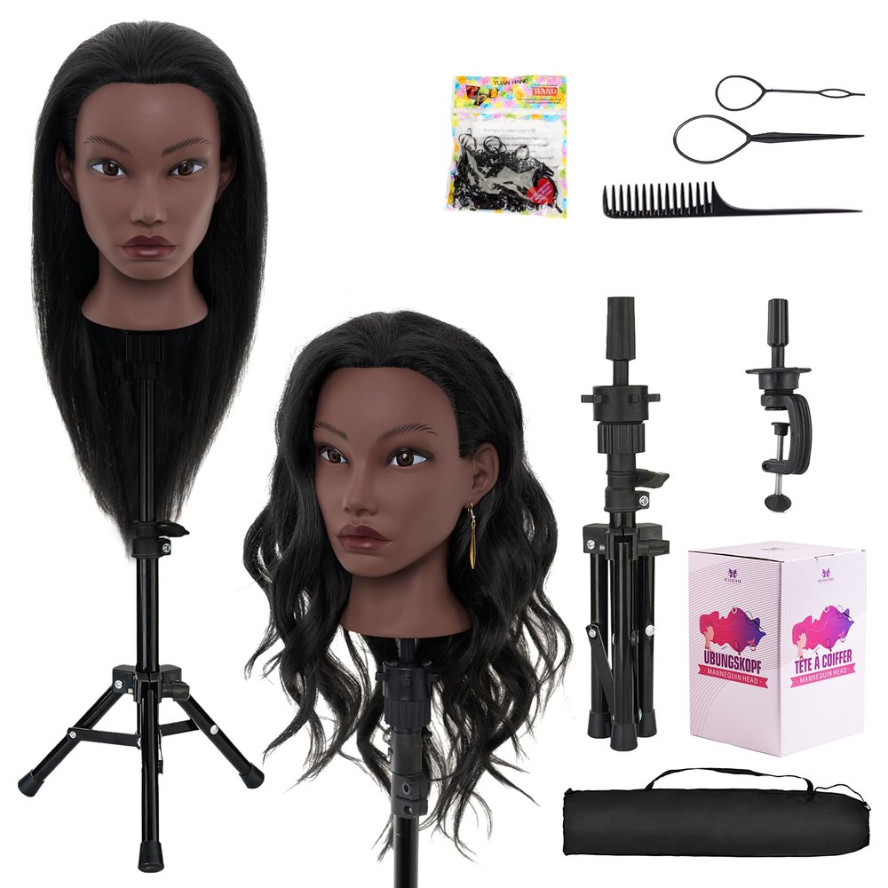 20 Inch Mannequin Head Human Hair with Stand,100% Real Hair Mannequin Head for Braiding,Cosmetology Manikin Doll Head for Styling with Mannequin Head Stand Table Clamp Hair Braiding Set
