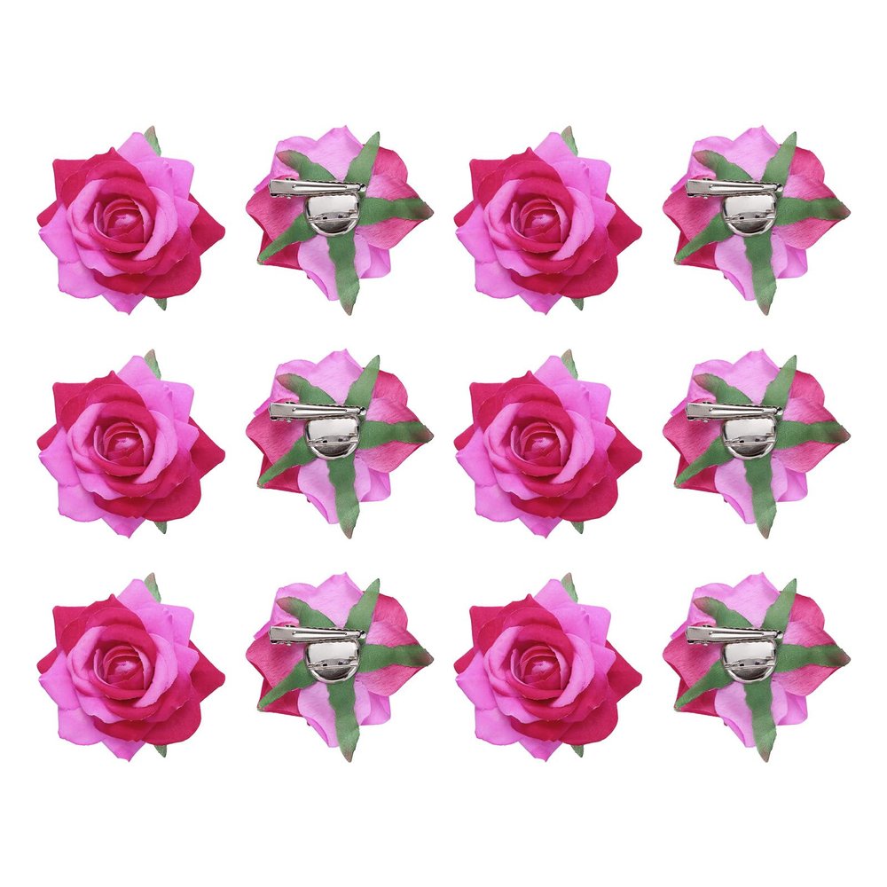 MECCANIXITY 12 Pcs Rose Flower Hair Clips 3 Inch Flower Hair Pins Flower Brooch for Women Hair Accessories Dark Pink