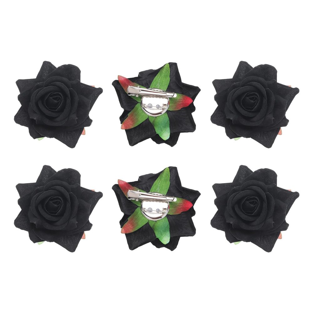 MECCANIXITY 6 Pcs Rose Flower Hair Clips 3 Inch Flower Hair Pins Flower Brooch for Women Hair Accessories Black