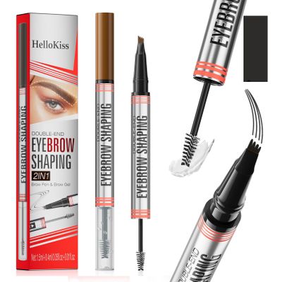 9705 2in1 Hilibrand 4-Pronged Dual-Ended Eyebrow Pencil&Eyebrow Gel, 4-Pronged Ultra-Fine Realistic Eyebrow Pencil End, Eyebrow Setting Wax End, Waterproof, Sweatproof, Long-Lasting (4#Black)