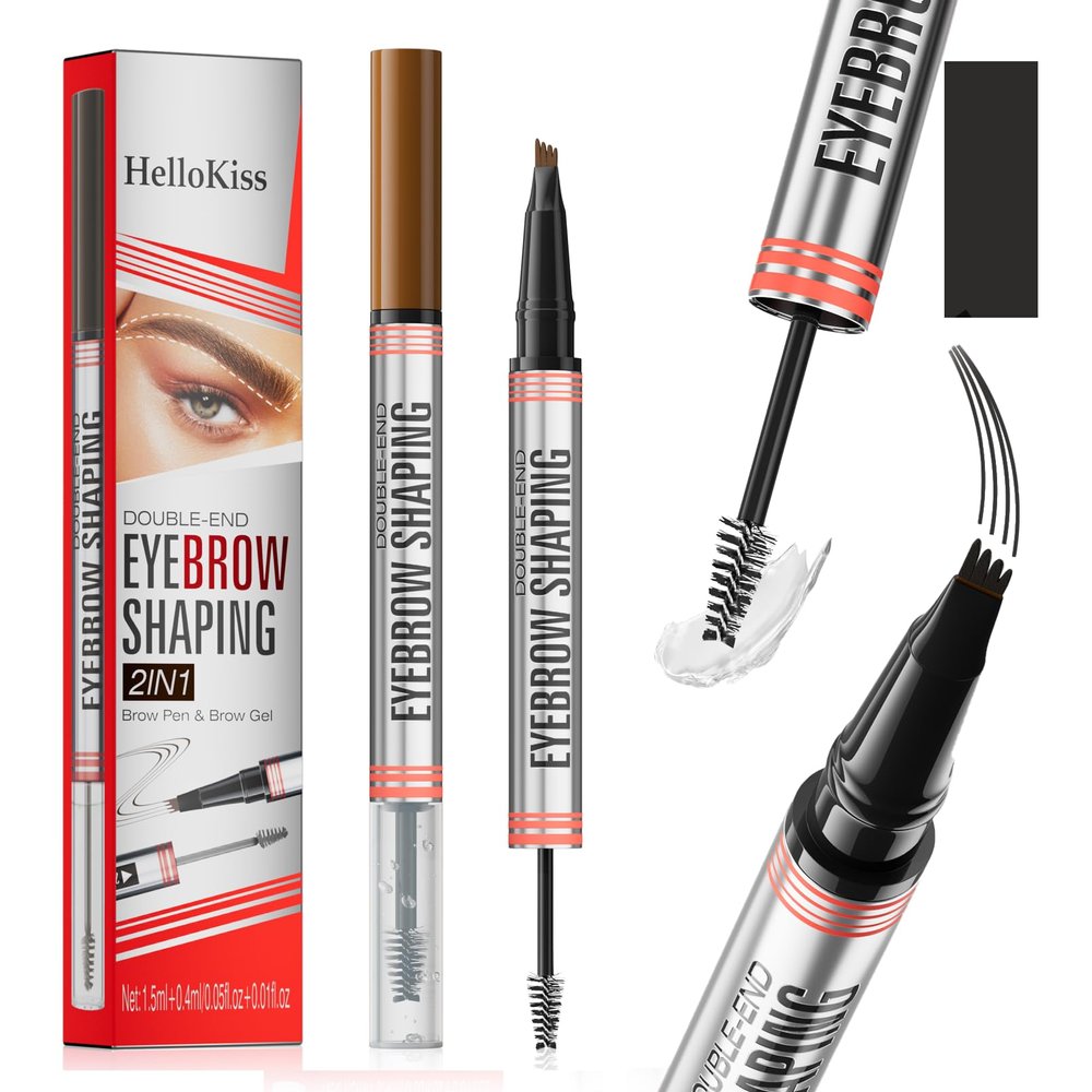 9705 2in1 Hilibrand 4-Pronged Dual-Ended Eyebrow Pencil&Eyebrow Gel, 4-Pronged Ultra-Fine Realistic Eyebrow Pencil End, Eyebrow Setting Wax End, Waterproof, Sweatproof, Long-Lasting (4#Black)