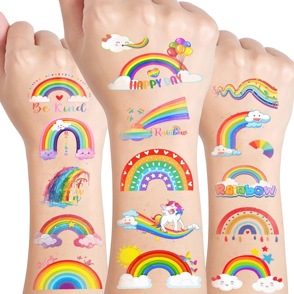 170 Pieces Rainbow Temporary Tattoos Stickers,20 Sheets Rainbow Cloud Sun Themed Tattoos Stickers Party Decoration favors for Kids Girl Boys Birthday Baby Shower Party Decoration Supplies