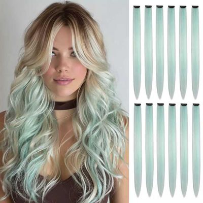 EXTACIO 12pcs Clip in Mint Green Hair Extensions, 22 Inch Rainbow Hair with Silver Tinsels, Kids Party Highlights