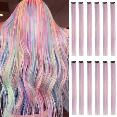 12pcs Purple Pink Blue Clip in Unicorn Extensions Mix tinsels,22 Inch Colored Hair Extensions,2 in 1 Rainbow Hair with Silver Tinsels,Kids Hair Extensions,Colorful Party Highlights for Kids Girls