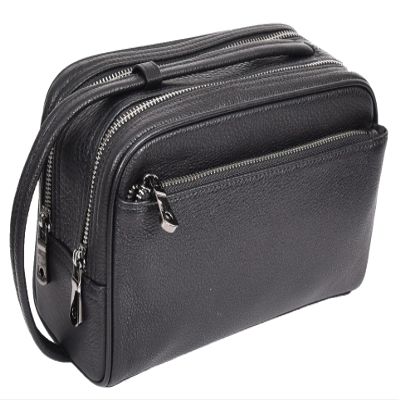 A1 FASHION GOODS Full Grain Leather Toiletry Bag, Wash Bag Shaving Kit, Cosmetics Pouch Zipper Travel Midnight Black AYD6, Black, Leather