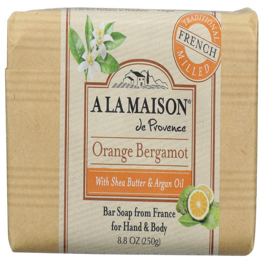 A LA MAISON Triple French Milled Bar Soap, 8.8 Ounces - Natural Moisturizing Hand Soap Bar (1 Bar of Soap, 8.8 Ounces, Orange Bergamot)