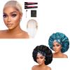 2pcs Extra Large Black & Teal Satin Bonnet with Light Brwon Wig Grip Cap view 1