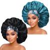 2pcs Extra Large Black & Teal Satin Bonnet with Light Brwon Wig Grip Cap view 2