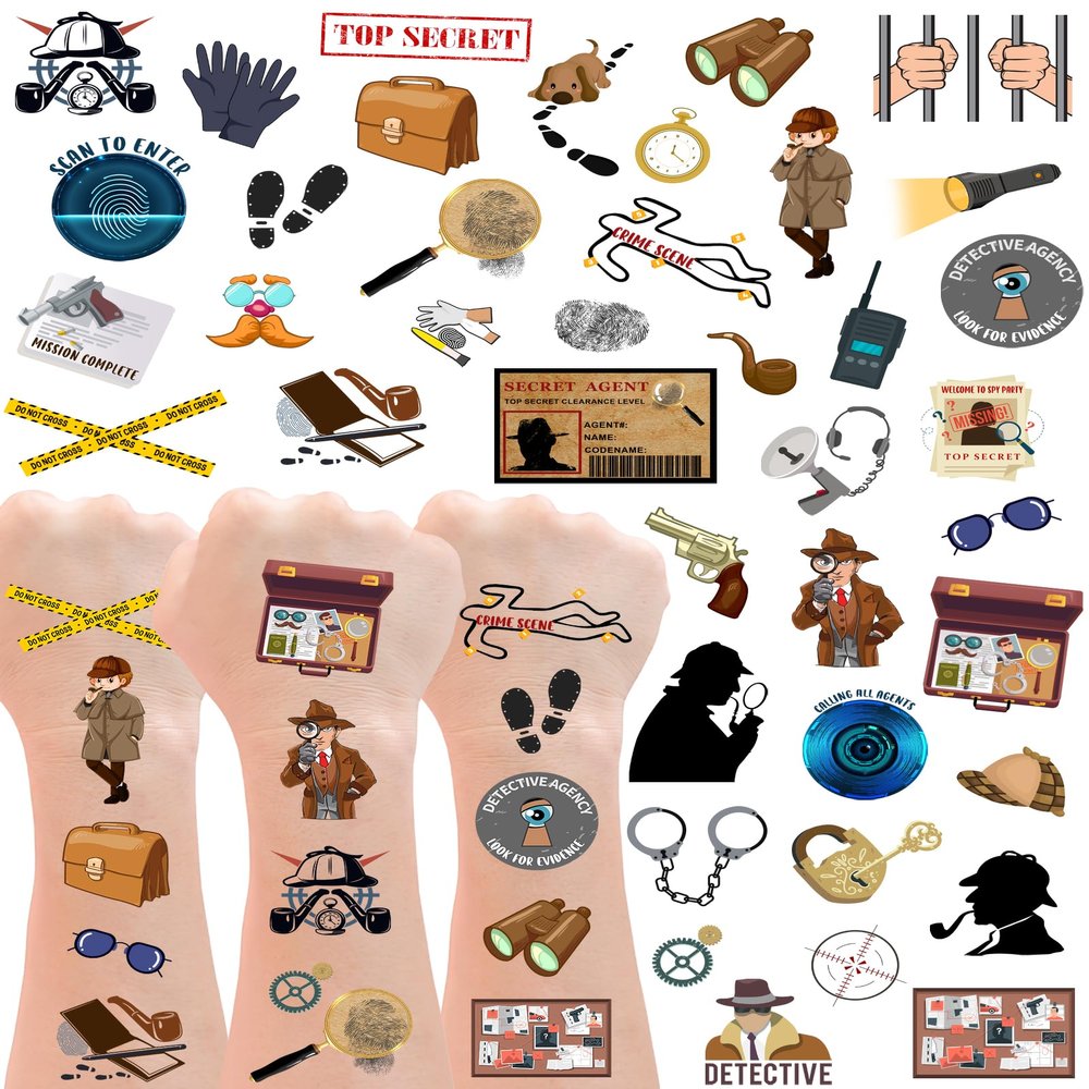 20 Sheets Spy Temporary Tattoos Stickers,196 Pieces Secret Agent Themed Tattoos Stickers Party Decoration favors for Kids Girl Boys Birthday Baby Shower Party Decoration Supplies
