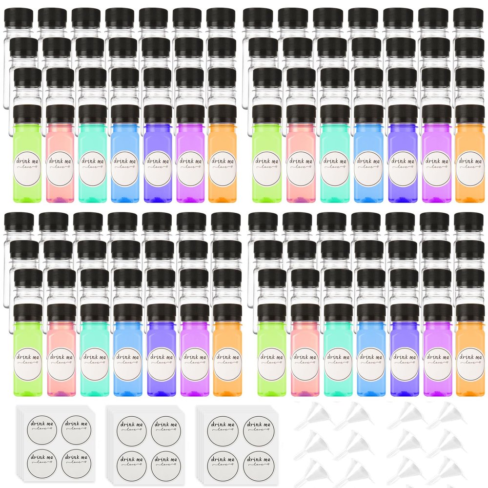 100 Pcs 2oz Plastic Bottles with Lids, Clear Plastic Bottle with Caps 2 oz for Liquids Small Reusable Ginger Shots Bottle Vial Beverage Container Leak Proof Mini Jars for Milk, Water, Ginger, Juice