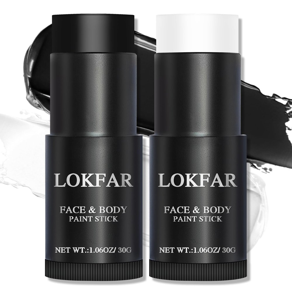LOKFAR Black and White Face Body Paint Stick, White Foundation Makeup, Eye Black Stick for Sports, Professional Halloween Face Makeup Kit for Mime Zombie Clown Vampire Skeleton Skull Joker Costume