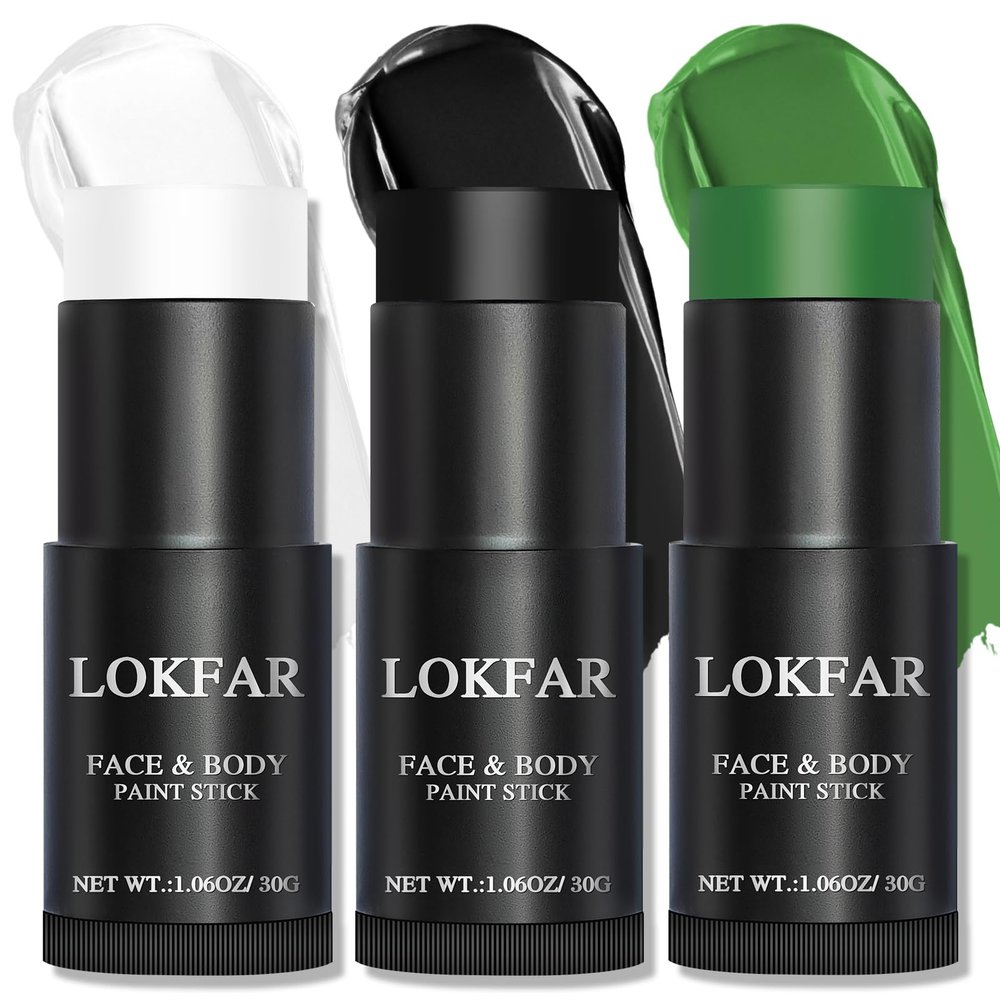 LOKFAR Black & Green & White Face Body Paint Stick, White Foundation Makeup, Football Baseball Eye Black Stick, Professional Halloween Face Makeup Kit for Zombie Clown Vampire Skeleton Witch Joker