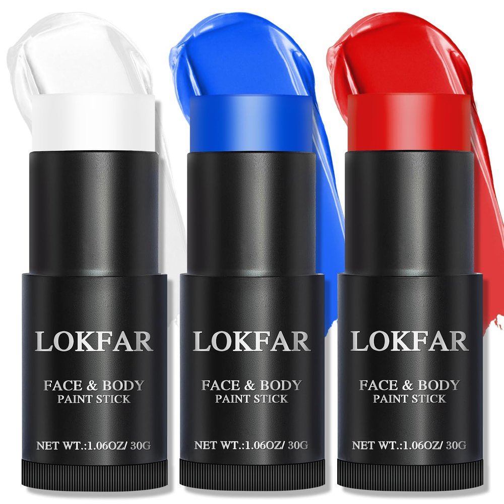 LOKFAR Red & Blue & White Face Body Paint Stick, White Foundation Makeup, Usa Themed Accessories Flag Color, Professional Halloween Face Makeup Kit for Clown Vampire Joker Costume