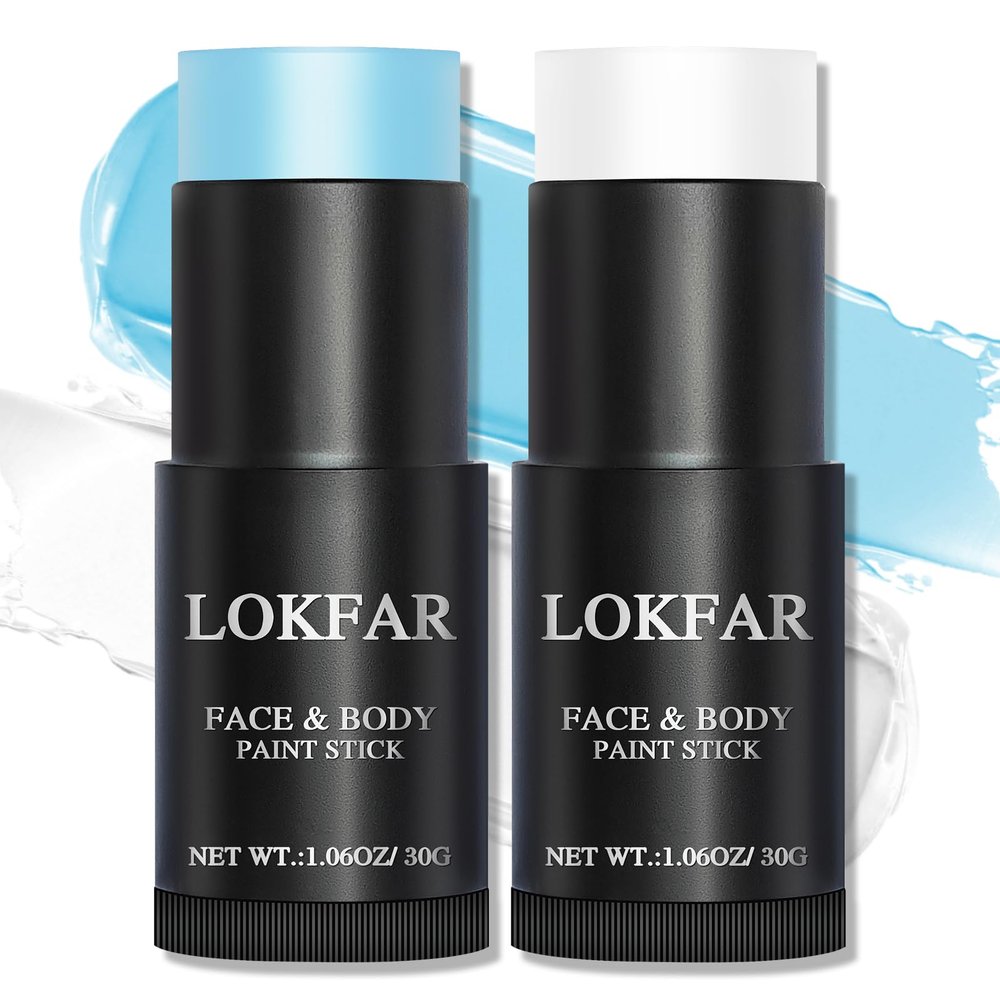 LOKFAR Light Blue and White Face Body Paint Stick, White Foundation Makeup, Eye Black Stick for Sports, Professional Halloween Face Makeup Kit for Zombie Clown Vampire Avatar Sally Corpse Bride Joker