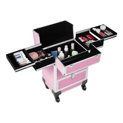 KONGKUNI Professional Rolling Makeup Case Aluminum Trolley Train Case with 360 Swivel Wheels, Makuep Travel Case Cosmetic Organizer with Drawers for Nail Tech Hairstylist Salon Barber (Pink)