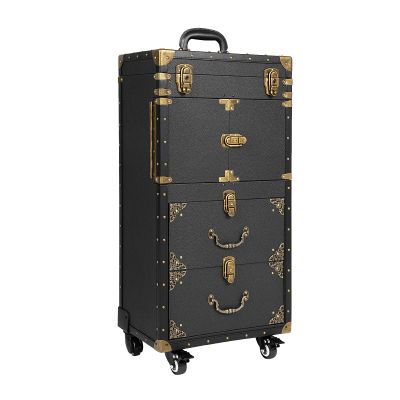 anezdbozr 3 Layers Rolling Makeup Case, Aluminum alloy Cosmetic Trolley Makeup Storage Organizer, Vintage Cosmetic Trolley, Rolling Lockable Makeup Train Case, Cosmetics Storage Organizer