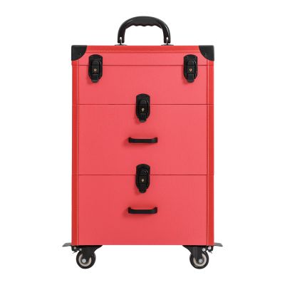 LIAPDG Portable 3-Tier Makeup Train Case, Freestanding Makeup Cart Suitca Rolling Makeup Case Nail Polish Organizer Jewelry Travel Cosmetic Train Case for Manicurists, Makeup Artists Rose Red