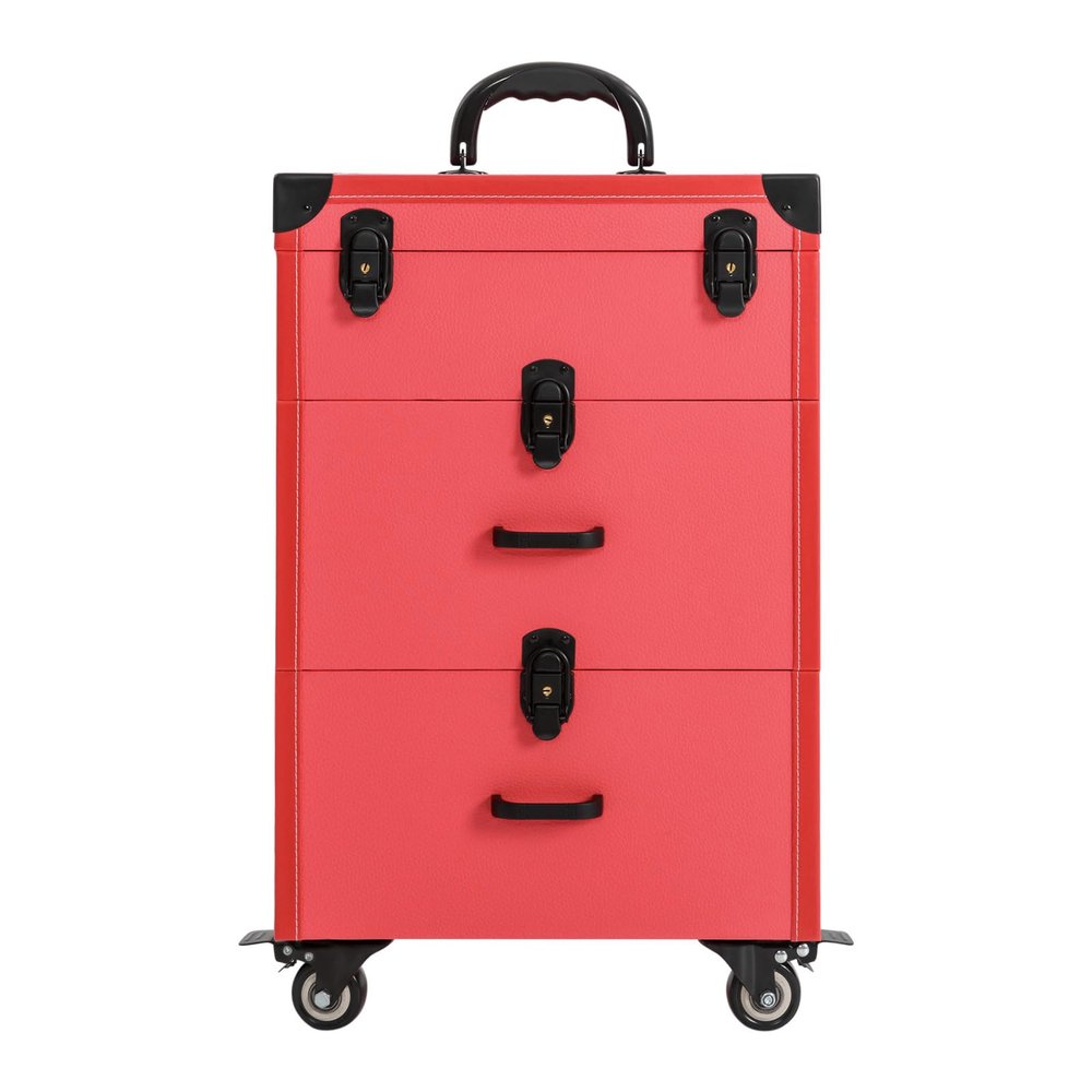 LIAPDG Portable 3-Tier Makeup Train Case, Freestanding Makeup Cart Suitca Rolling Makeup Case Nail Polish Organizer Jewelry Travel Cosmetic Train Case for Manicurists, Makeup Artists Rose Red