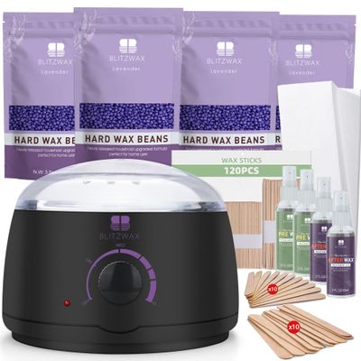 BLITZWAX Hair Removal Waxing Kit with 14oz Lavender Waxing Beads for Sensitive Face, Legs, and Body, 180 Accessories Ideal for Women Men at Home Salon, Beginner Friendly, Quick Heating
