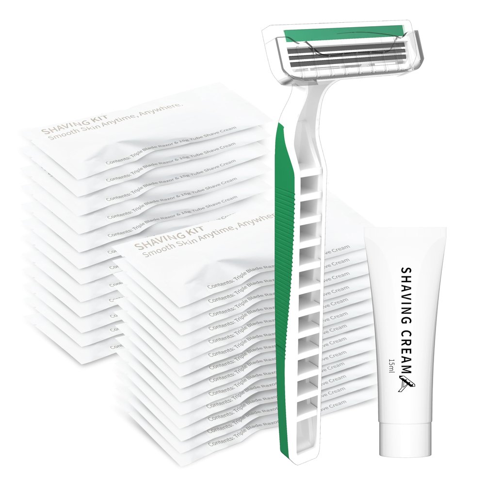 3 Blades Disposable Razors with Cream 50PCS Set for Men & Women, Individually Wrapped Portable Toiletries Amenities for Hotel, Airbnb, Homeless, Shelter, Charity, Camping and Travel On The Go