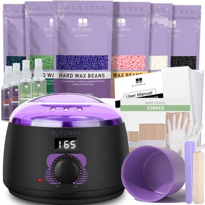 BLITZWAX Waxing Kit for Hair Removal with Wooden Waxing Sticks Kit for Sensitive Skin, Face, and Bikini, Beginner Friendly, Fast Heating, 186 Accessories Ideal for Women Men at Home Salon