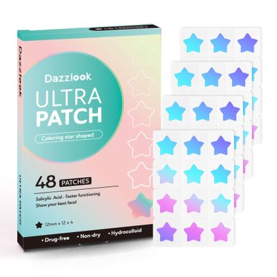 Dazzlook Cute Blue Star Pimple Patch with Salicylic Acid, Hydrocolloid Pimple Stickers Iridescent Colors 48 Pcs, Fashion Zits Blemishes Breakouts Patches